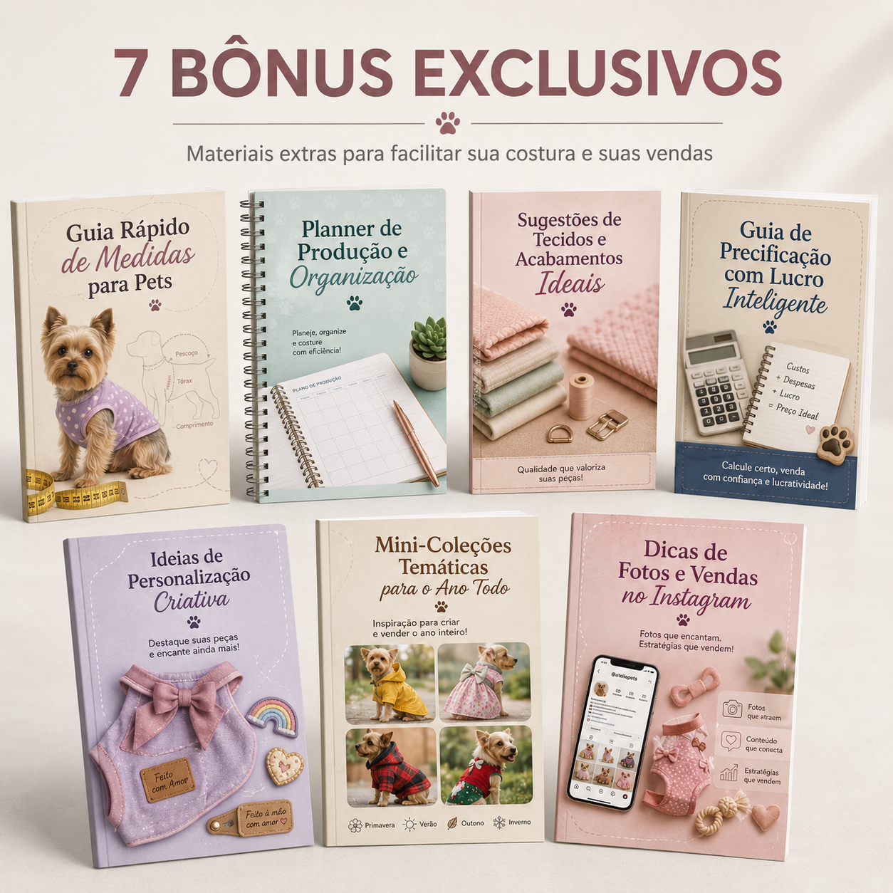 7 bônus exclusivos: Guia de Medidas, Planner, Sugestões de Tecidos, Guia de Precificação, Ideias de Personalização, Mini-Coleções Temáticas e Dicas de Fotos e Vendas no Instagram