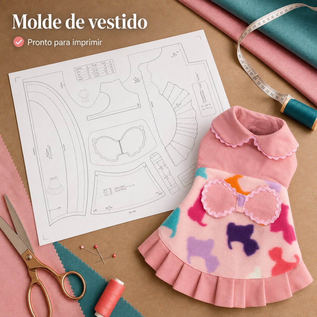 Molde de vestido para pet pronto para imprimir ao lado da peça finalizada