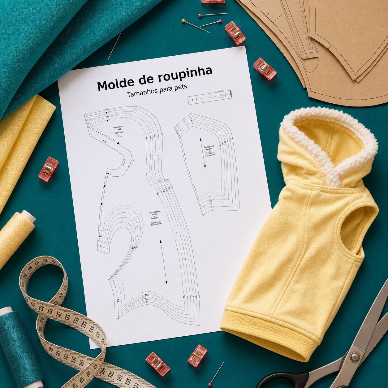 Molde de roupinha com capuz para pet e o casaco amarelo finalizado