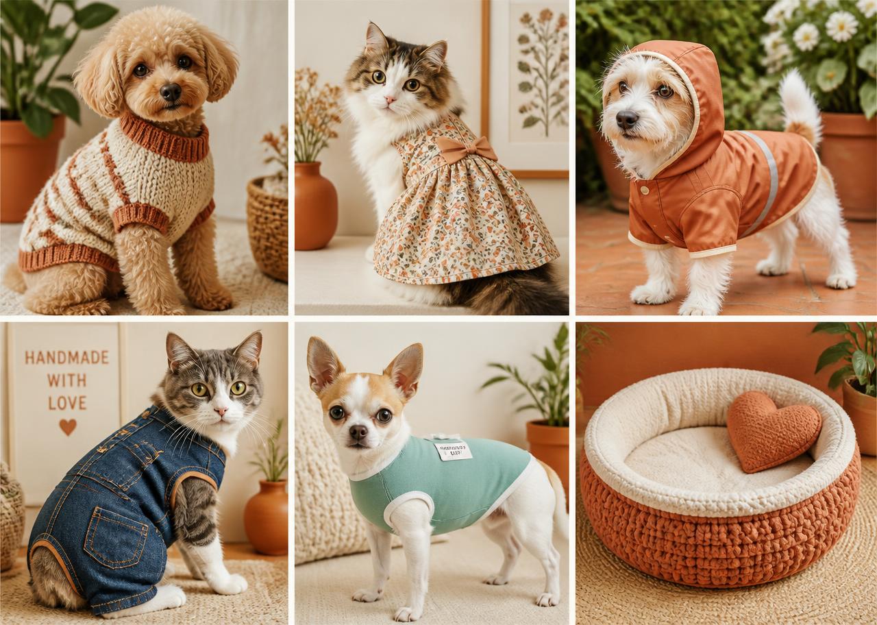 Mosaico de pets vestindo peças costuradas: suéter, vestido, capa de chuva, macacão jeans e cama